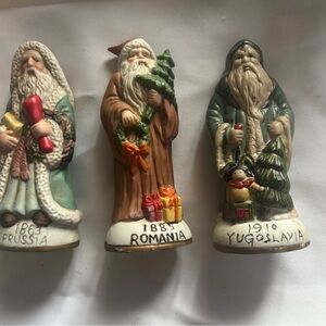 Antique Holiday Santa Figurines Trio - Red, Green, Brown